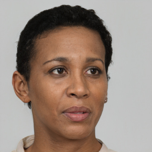 Neutral black adult female with short  brown hair and brown eyes