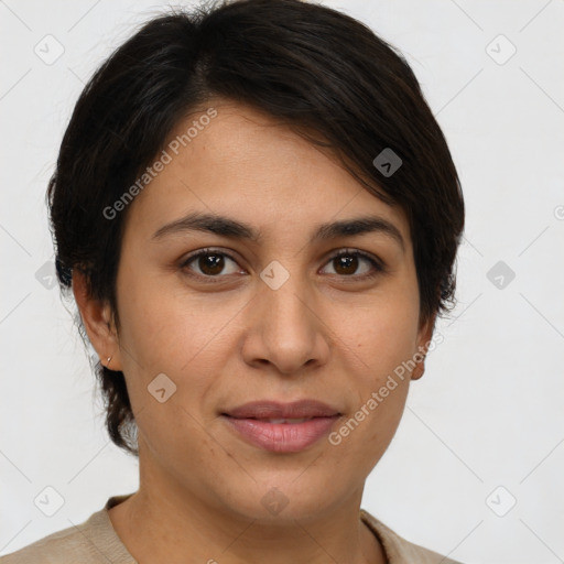 Joyful latino young-adult female with short  brown hair and brown eyes