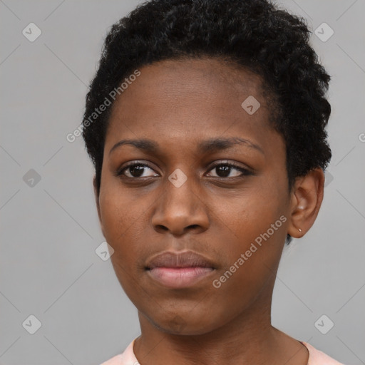 Neutral black young-adult female with short  black hair and brown eyes