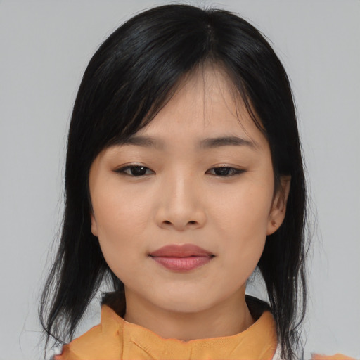 Neutral asian young-adult female with medium  black hair and brown eyes