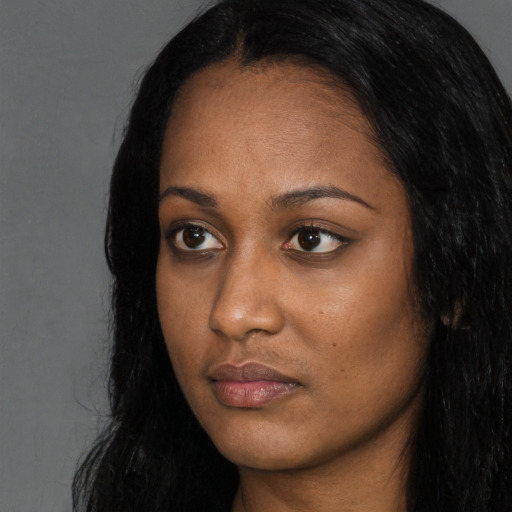 Neutral asian young-adult female with long  black hair and brown eyes