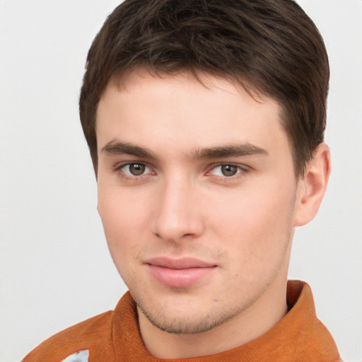 Neutral white young-adult male with short  brown hair and brown eyes