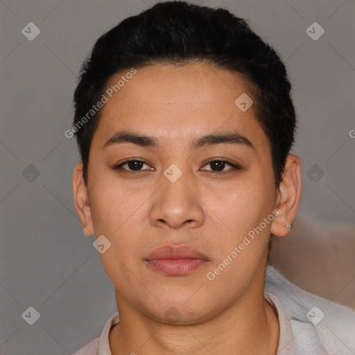 Neutral asian young-adult female with short  brown hair and brown eyes