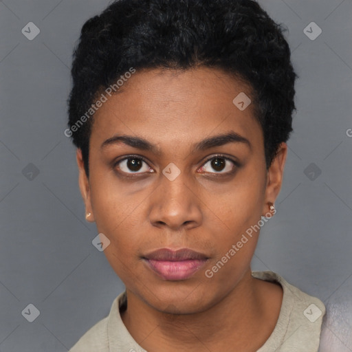 Neutral black young-adult female with short  black hair and brown eyes