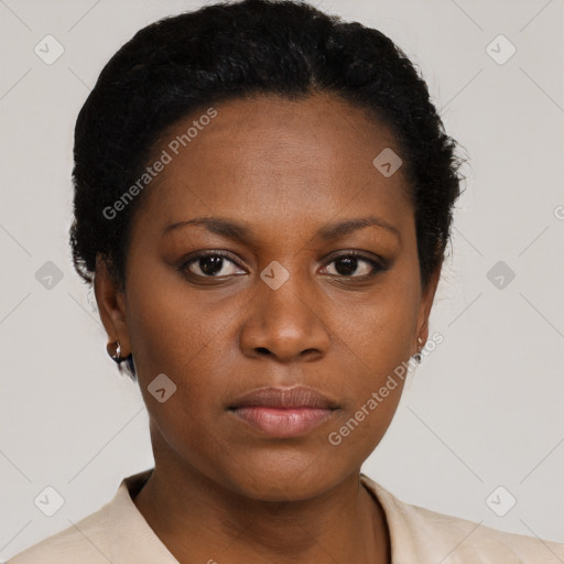 Neutral black young-adult female with short  black hair and brown eyes