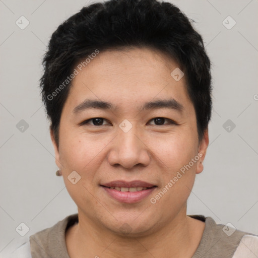 Joyful asian young-adult male with short  black hair and brown eyes