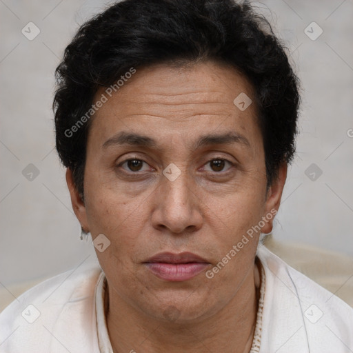 Joyful white adult female with short  brown hair and brown eyes