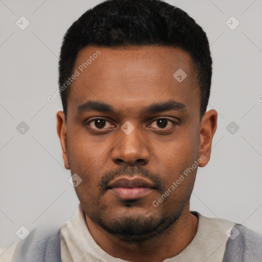 Neutral latino young-adult male with short  black hair and brown eyes