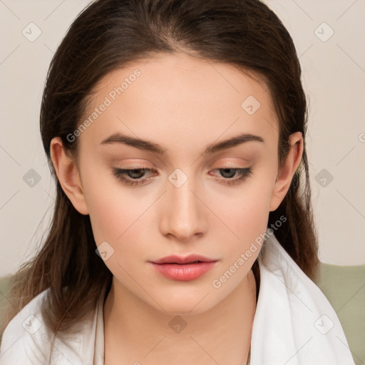 Neutral white young-adult female with medium  brown hair and brown eyes