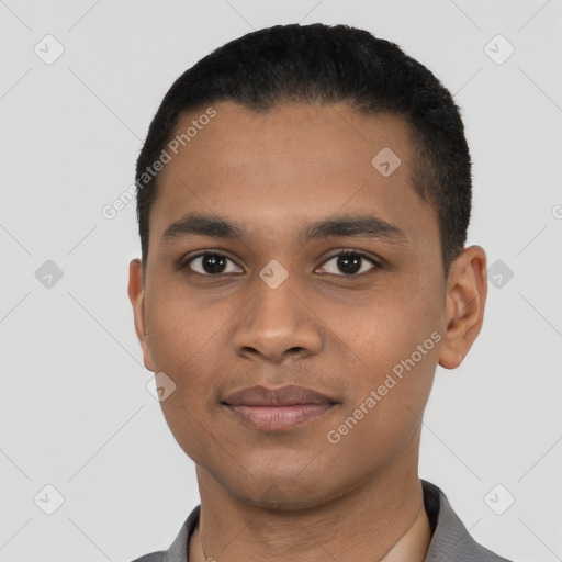 Joyful latino young-adult male with short  black hair and brown eyes