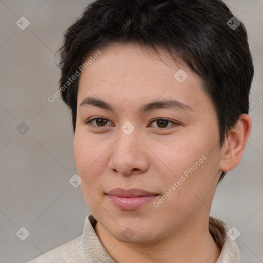 Joyful asian young-adult female with short  brown hair and brown eyes