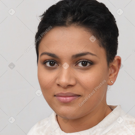 Joyful latino young-adult female with short  brown hair and brown eyes