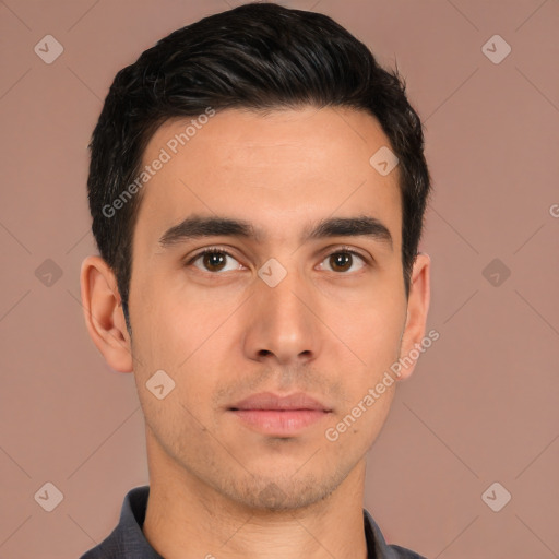 Neutral white young-adult male with short  black hair and brown eyes