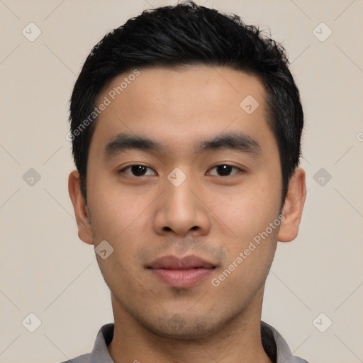 Neutral asian young-adult male with short  black hair and brown eyes