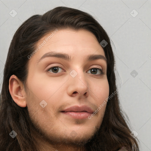 Neutral white young-adult female with long  brown hair and brown eyes