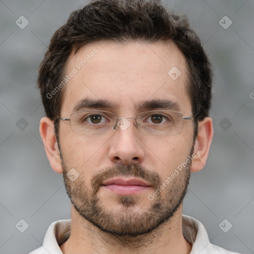 Neutral white young-adult male with short  brown hair and brown eyes