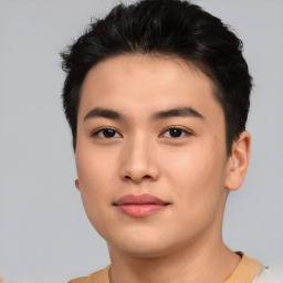 Neutral asian young-adult male with short  brown hair and brown eyes