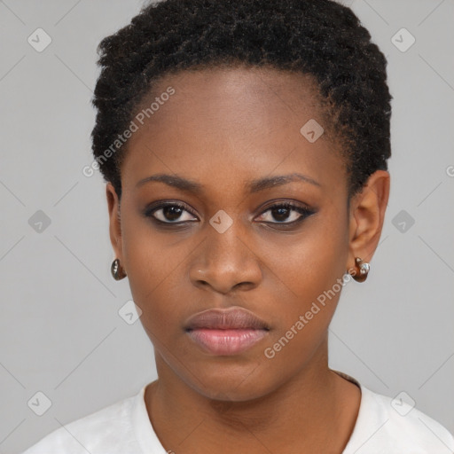 Neutral black young-adult female with short  black hair and brown eyes