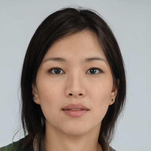 Neutral asian young-adult female with medium  black hair and brown eyes