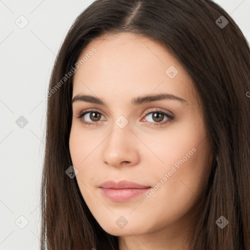 Neutral white young-adult female with long  brown hair and brown eyes