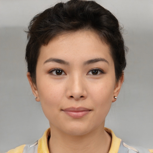 Neutral asian young-adult female with short  brown hair and brown eyes