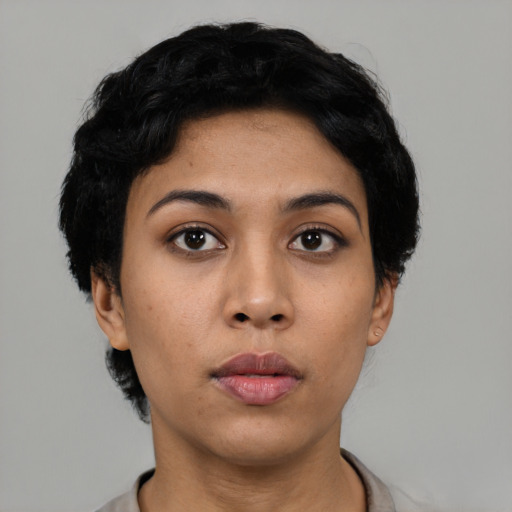 Neutral asian young-adult female with short  black hair and brown eyes