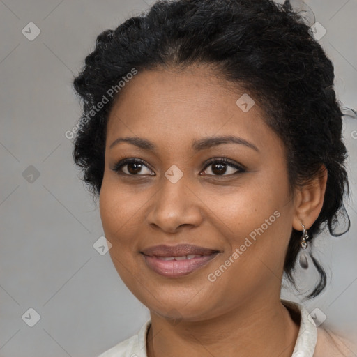 Joyful black young-adult female with medium  black hair and brown eyes