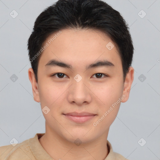 Joyful asian young-adult male with short  brown hair and brown eyes