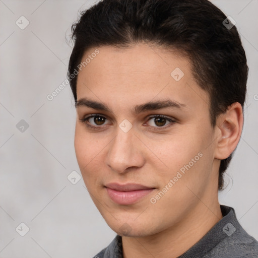 Joyful white young-adult female with short  brown hair and brown eyes