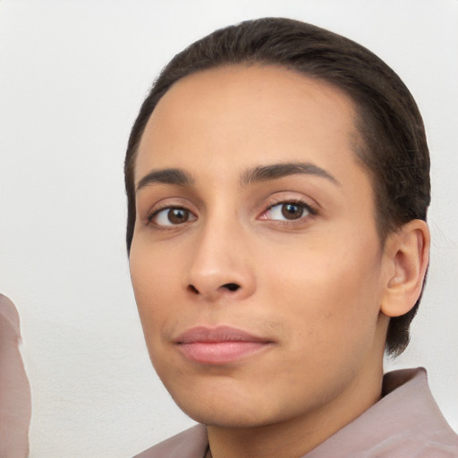 Neutral white young-adult female with short  black hair and brown eyes