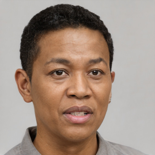 Joyful black adult male with short  brown hair and brown eyes