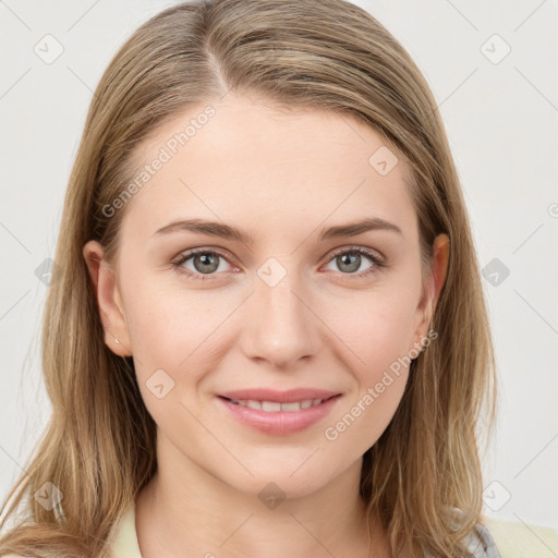 Joyful white young-adult female with medium  brown hair and blue eyes