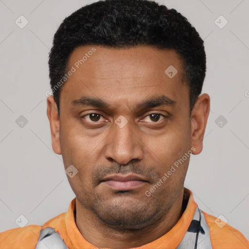 Neutral latino young-adult male with short  black hair and brown eyes