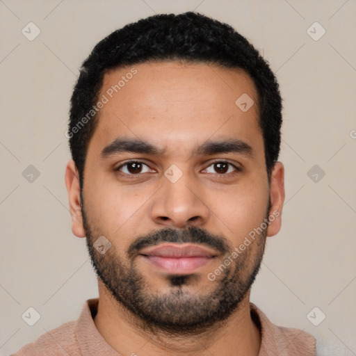 Neutral latino young-adult male with short  black hair and brown eyes
