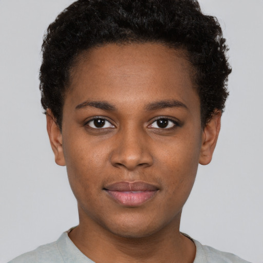 Neutral black young-adult female with short  brown hair and brown eyes