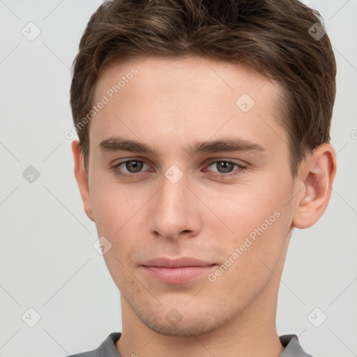 Neutral white young-adult male with short  brown hair and grey eyes