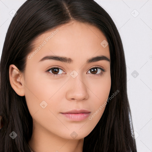 Neutral white young-adult female with long  brown hair and brown eyes