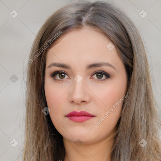 Neutral white young-adult female with long  brown hair and brown eyes