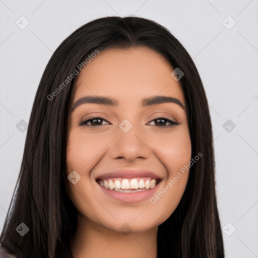 Joyful white young-adult female with long  black hair and brown eyes