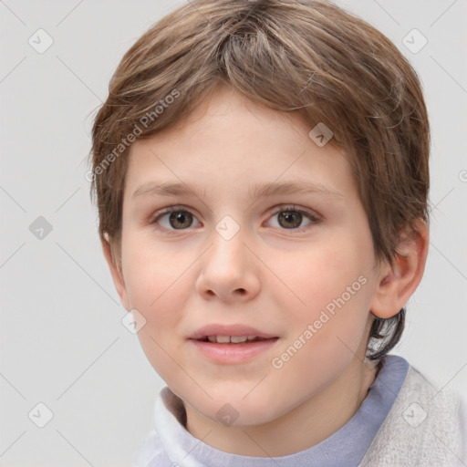 Joyful white child female with short  brown hair and brown eyes