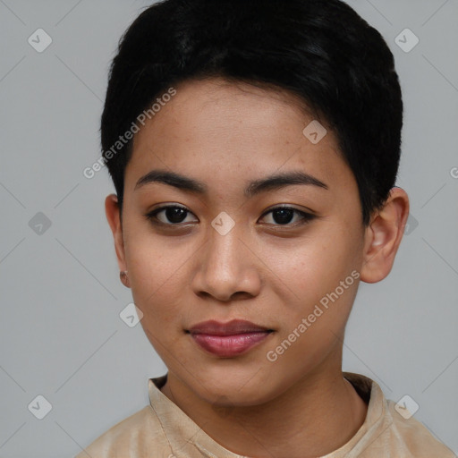 Joyful asian young-adult female with short  black hair and brown eyes