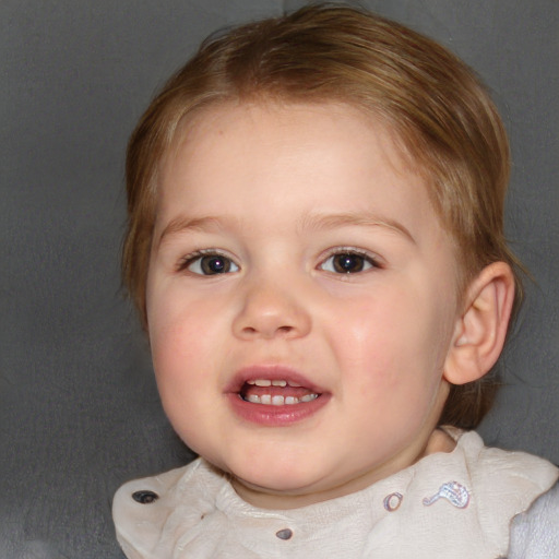 Joyful white child female with medium  brown hair and blue eyes