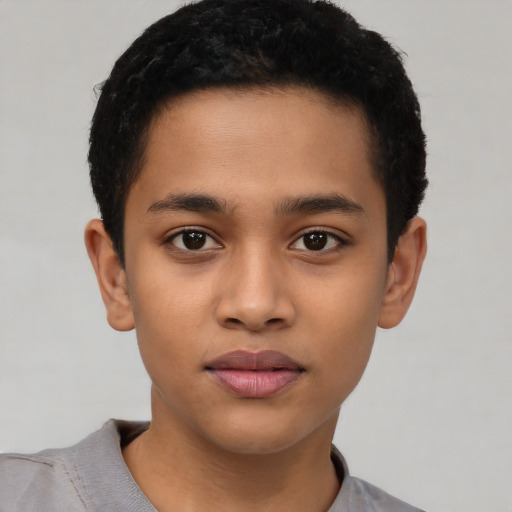 Joyful latino young-adult male with short  brown hair and brown eyes