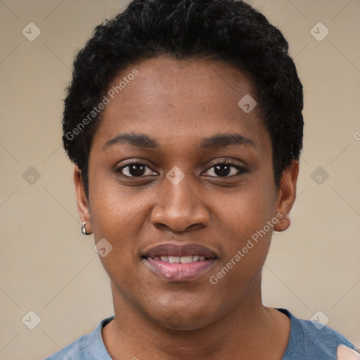 Joyful black young-adult female with short  black hair and brown eyes