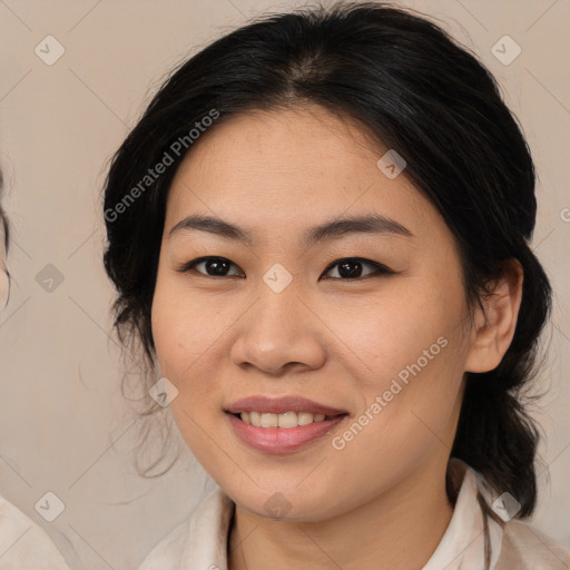 Joyful white young-adult female with medium  brown hair and brown eyes