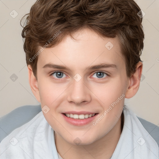 Joyful white child male with short  brown hair and brown eyes