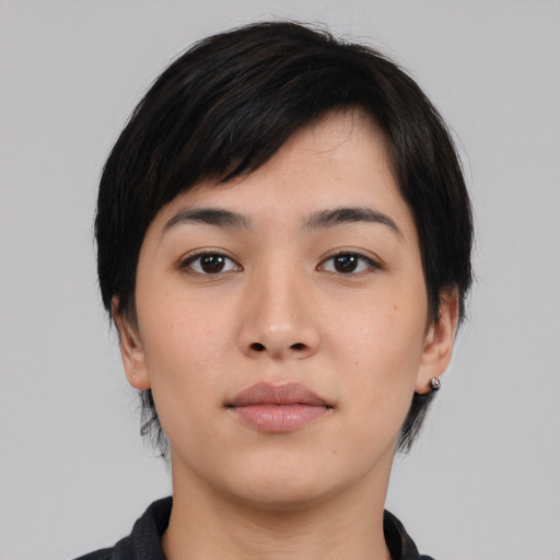 Neutral asian young-adult female with medium  black hair and brown eyes