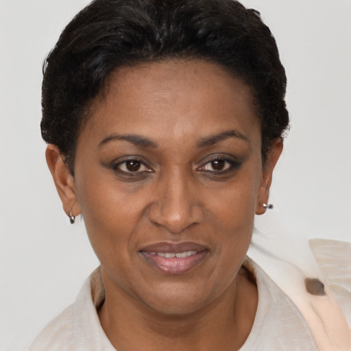 Joyful black adult female with short  brown hair and brown eyes