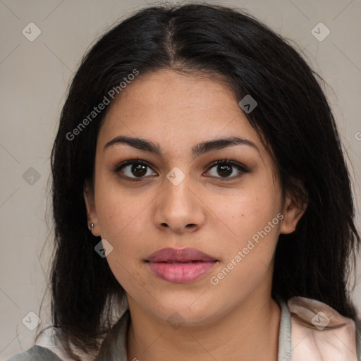 Neutral latino young-adult female with medium  brown hair and brown eyes