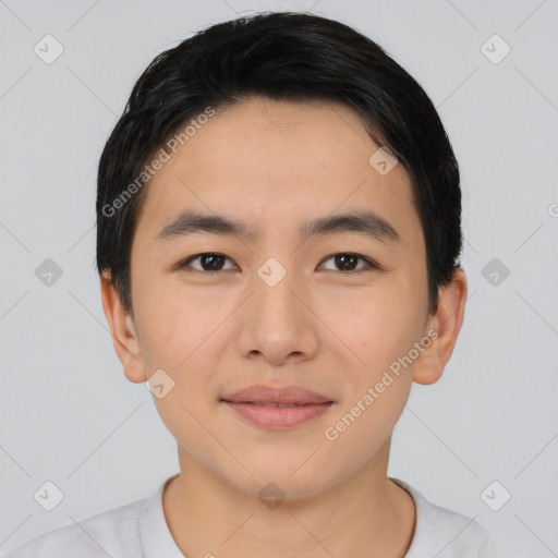 Joyful asian young-adult male with short  black hair and brown eyes